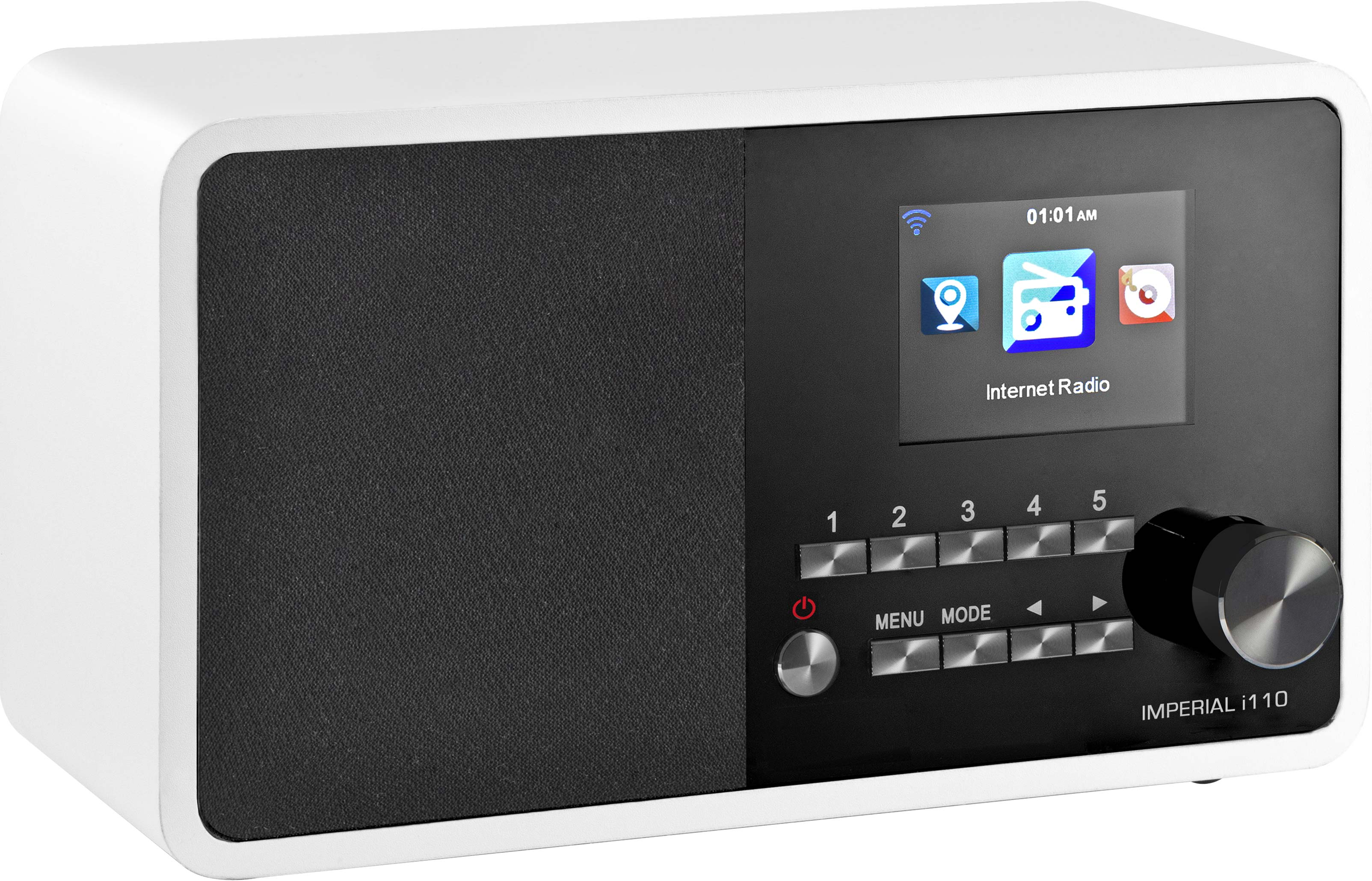 Witte en zwarte radio met een scherm met iconen. Het heeft een draaiknop en knoppen. Het scherm zegt 'Internet Radio'.