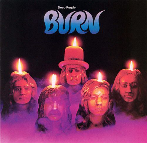 A 'Deep Purple' album borítója öt gyertyás fejű figurával és a 'BURN' szöveggel.