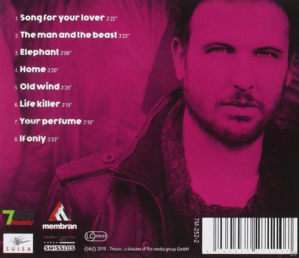 Album-Rückseite: Titelliste, Gesicht des Künstlers und ein rosa Farbschema.