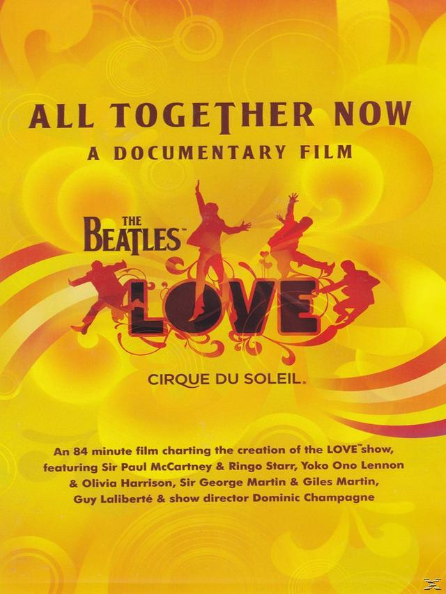 DVD-Cover: The Beatles LOVE Cirque du Soleil Film. Silhouetten von Menschen, gelber Hintergrund, Titeltext.