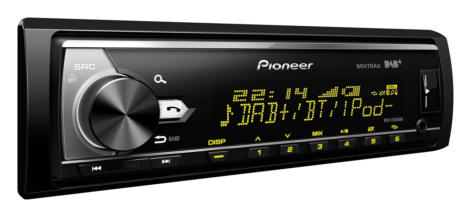 A black Pioneer car stereo with a display showing time, radio info, and buttons for various functions.