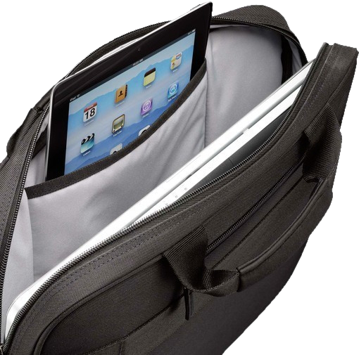 Egy nyitott fekete aktatáska egy tablettel és egy laptopal.