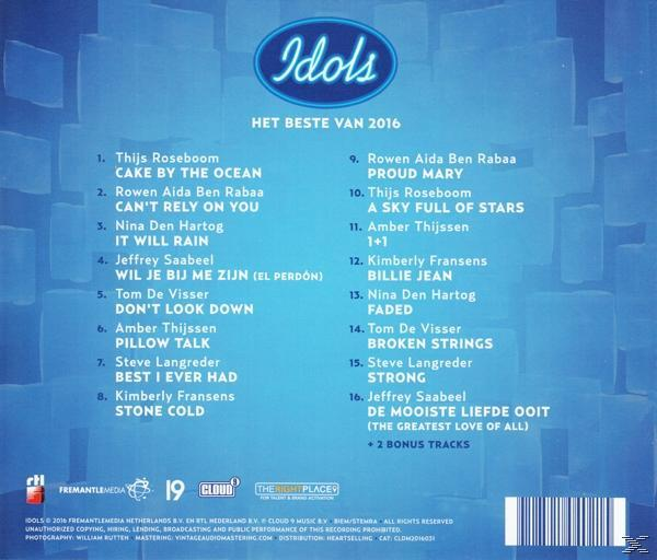 CD-hoes met blauwe achtergrond en een lijst met nummers. De titel "Idols" staat bovenaan, het jaar "2016" eronder.