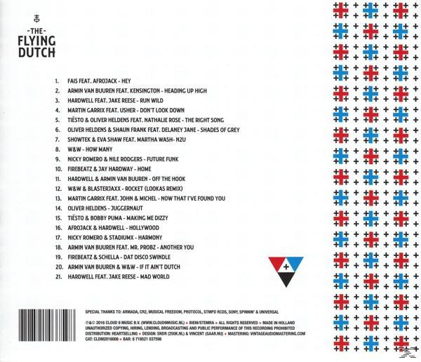 CD-hoes. Rood, blauw en wit patroon en tekst over muziek.