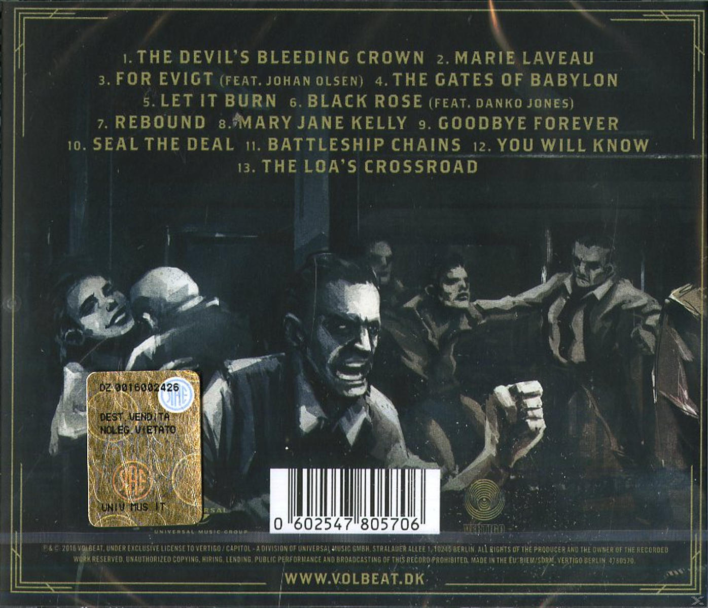 CD hátlapja dalcímekkel és emberek képeivel. A Volbeat együttes logója látható.