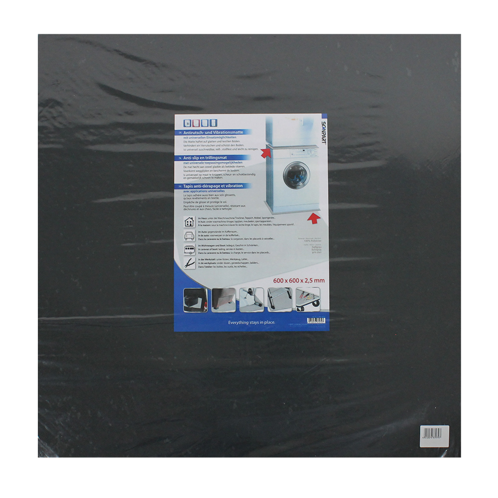 A black anti-vibration mat with a white label. It has a picture of a washing machine.