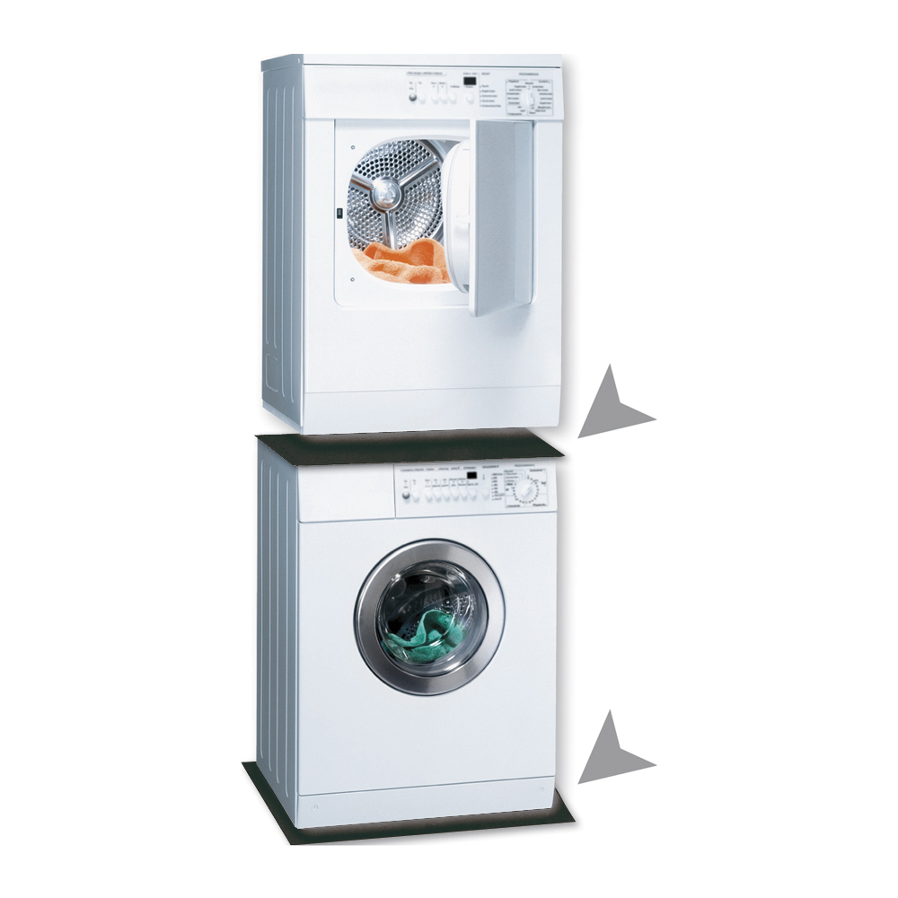 A washing machine below a dryer, with arrows pointing at each other. Both are white with silver control panels. 
