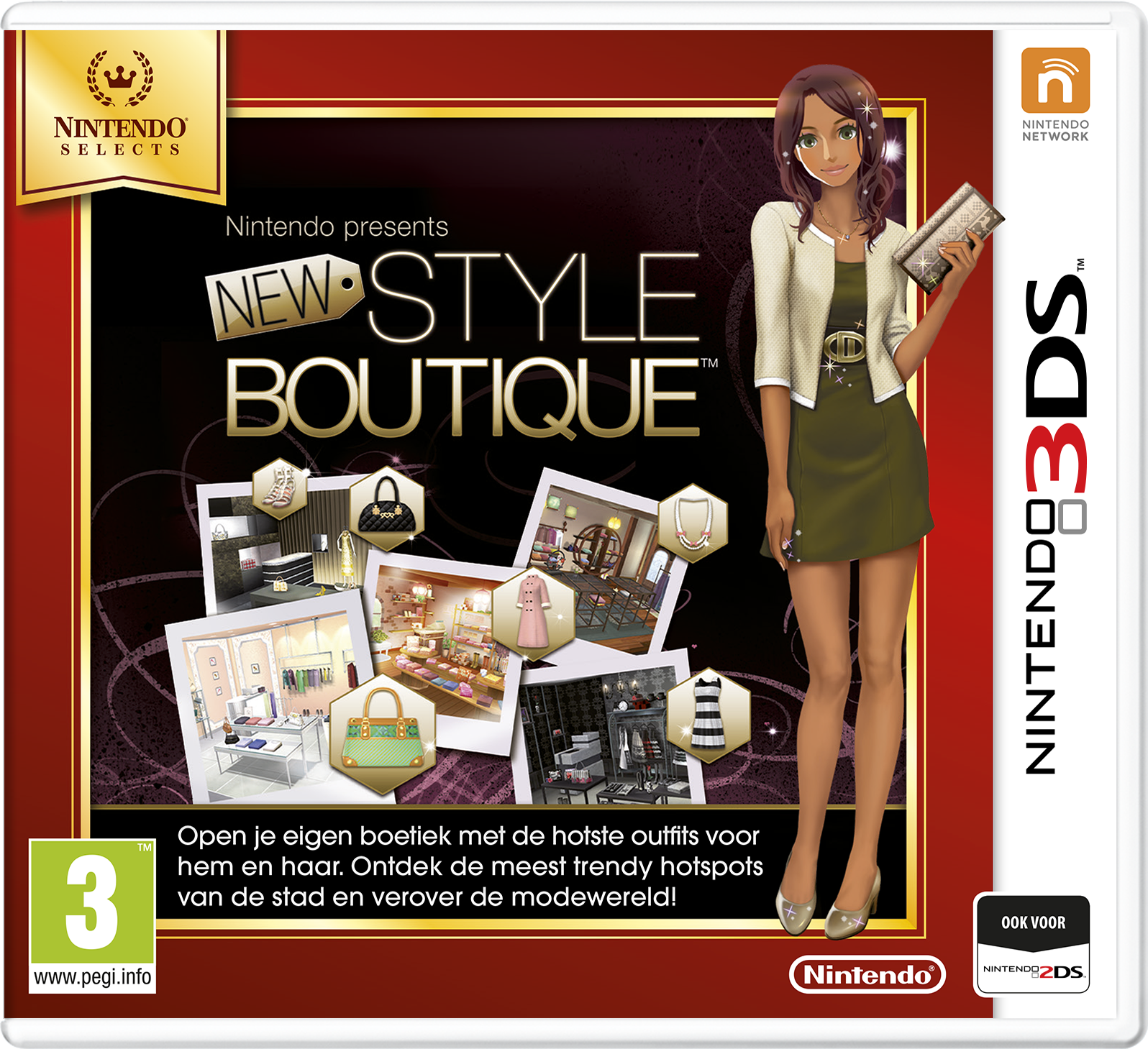 Nintendo 3DS-gamecover. Een vrouw in een modezaak, omringd door kleding en accessoires.