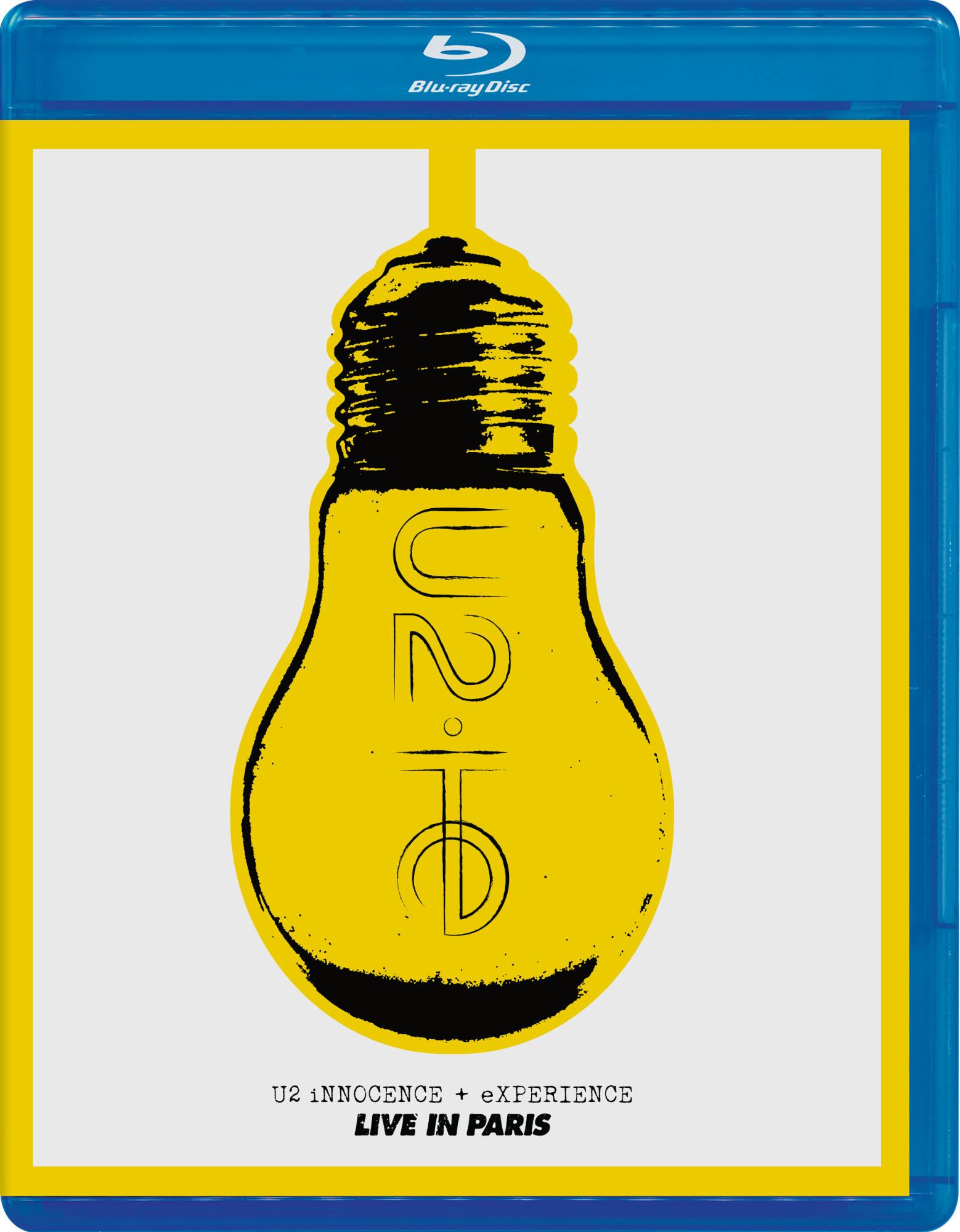 Jaquette Blu-ray : Ampoule jaune avec 'U2' à l'intérieur. Couverture bleue. Texte 'Live in Paris'.