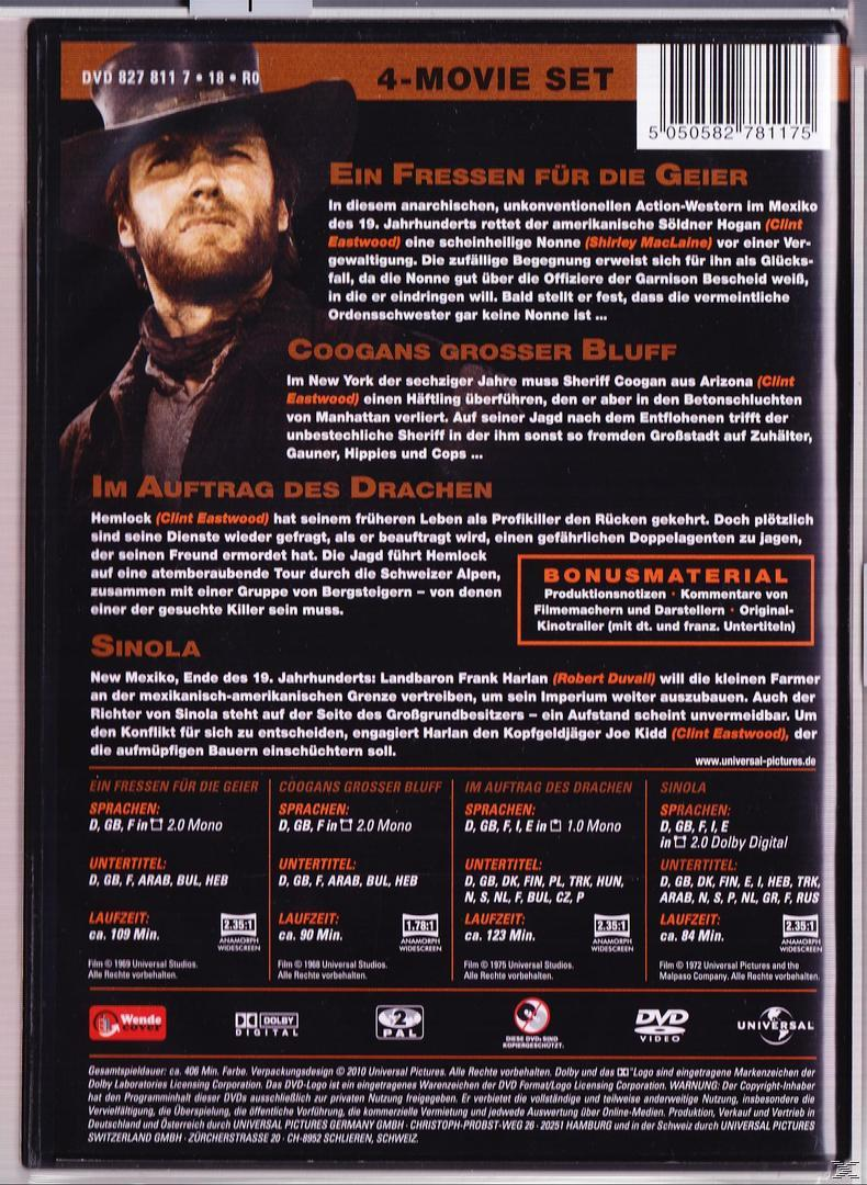 Die Rückseite einer DVD-Hülle mit mehreren Filmtiteln. Text und Bilder beschreiben die Filme und Schauspieler.