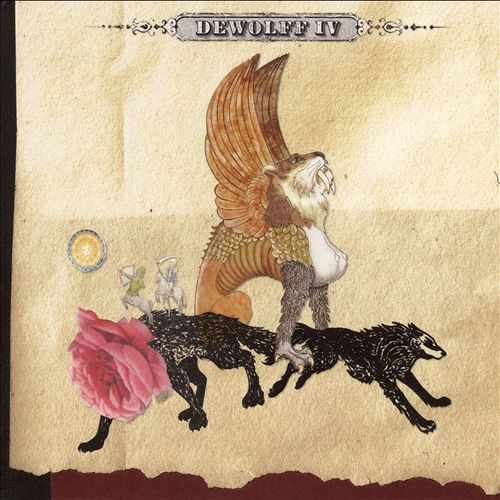 Album borító: Illusztrált fantázia jelenet. Szárnyas lény, farkasok és egy rózsa. Bézs és barna háttér.