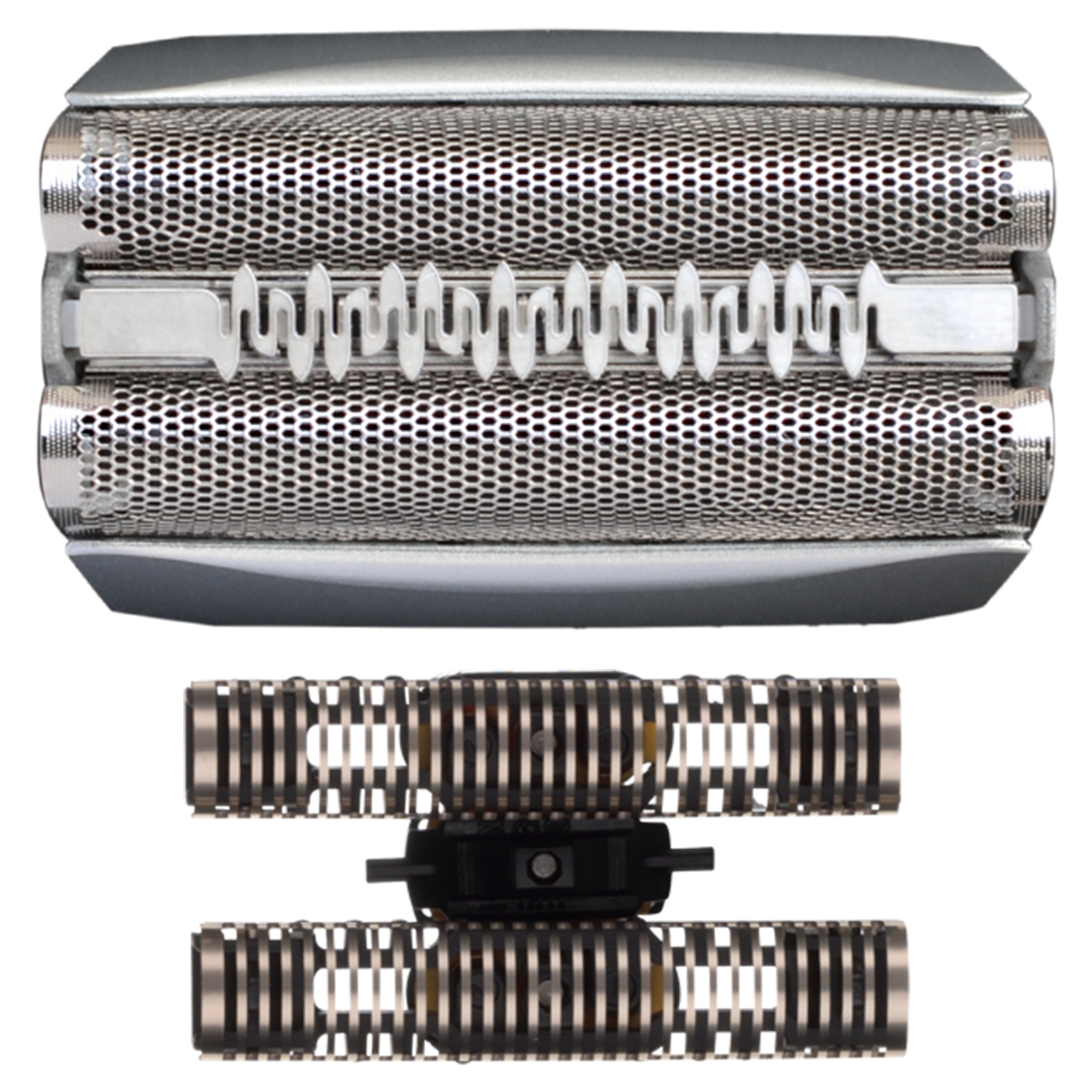 Zwei silberne Rasierköpfe, einer mit freiliegenden Klingen, der andere mit bedeckten Klingen.