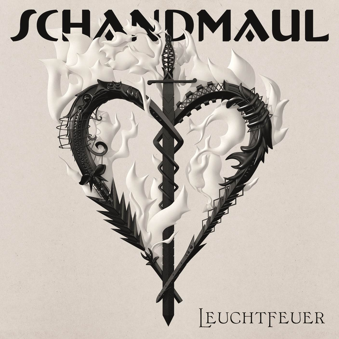 Albumcover mit schwarz-weißer herzförmiger Kunst mit Schwert und Feuer.