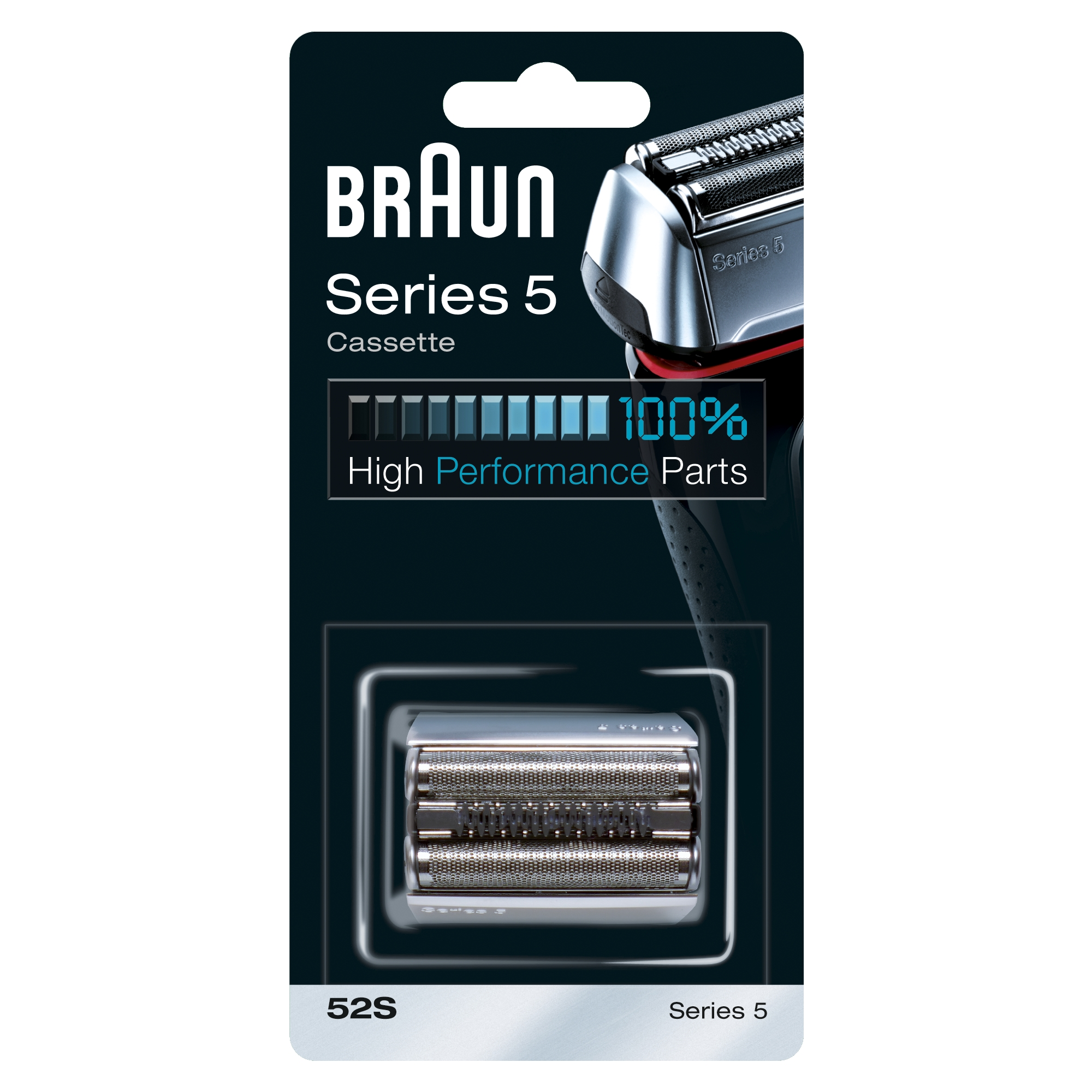 Braun Series 5 Rasierklingen-Kartuschenverpackung. Enthält Klinge und Folie, mit 100% Leistungsanzeige.