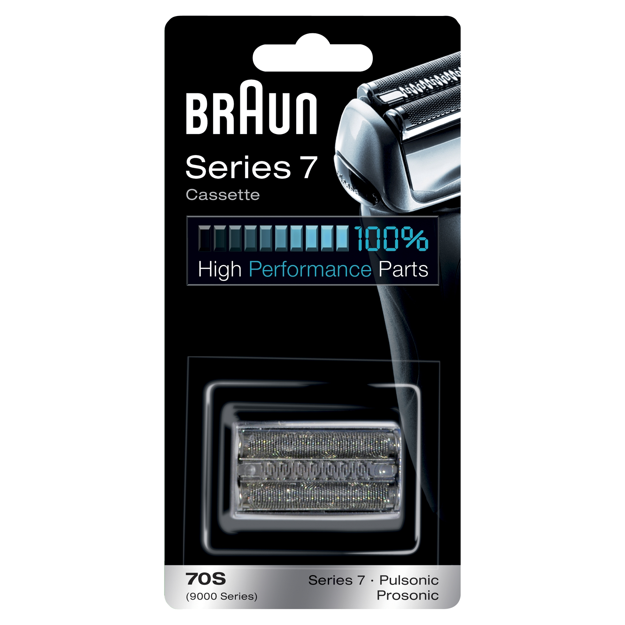 Braun Series 7 Rasiererkassettenverpackung: Schwarzer Hintergrund, Scherkopf und Leistungsanzeige.