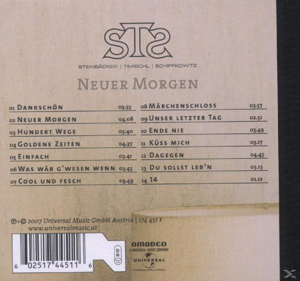CD-Cover mit Titelliste für das Album 'Neuer Morgen' von STS, mit Text und Logo.