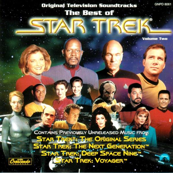 CD-Cover. Gruppe von Star Trek-Schauspielern auf dem Cover des Albums 'The Best of Star Trek'.