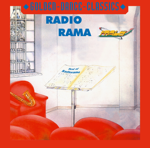 Albumcover. Roter Rahmen, Text "Radio Rama", Bild von Noten und einem Saxophon.