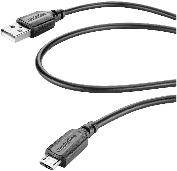 Schwarzes USB-auf-Micro-USB-Kabel. Das Cellularline-Logo ist an beiden Enden des Kabels sichtbar.