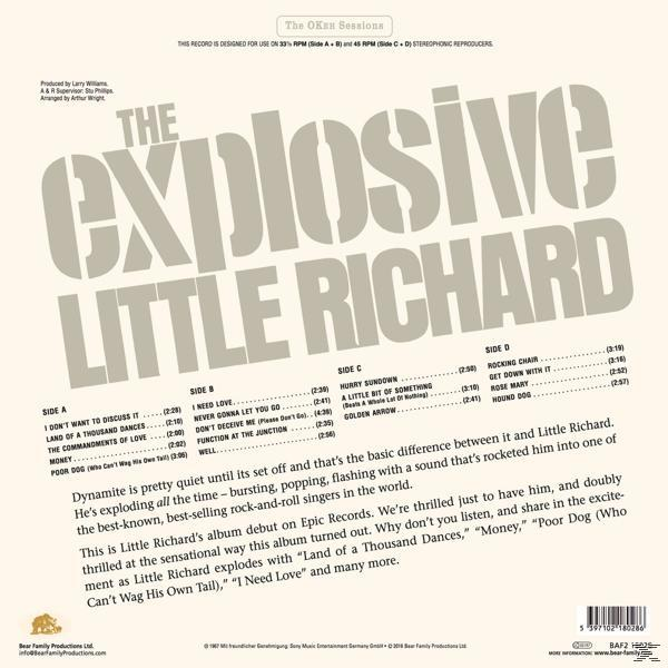 Album borító a 'The Explosive Little Richard' felirattal. A dalok listája jobbra található.
