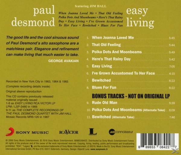 CD-Cover für Paul Desmonds Album Easy Living mit Titelliste und Künstlerdetails auf cremefarbenem Hintergrund.