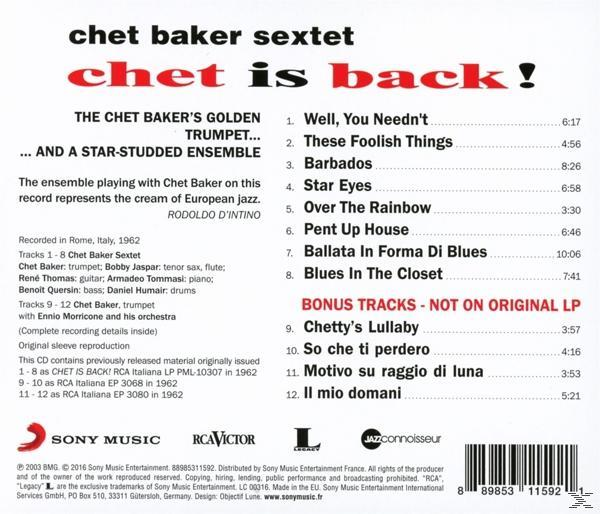 CD-Cover mit dem Text 'Chet is Back!'. Songtitel sind aufgeführt. Ein Bild von Chet Baker ist auf dem Cover.