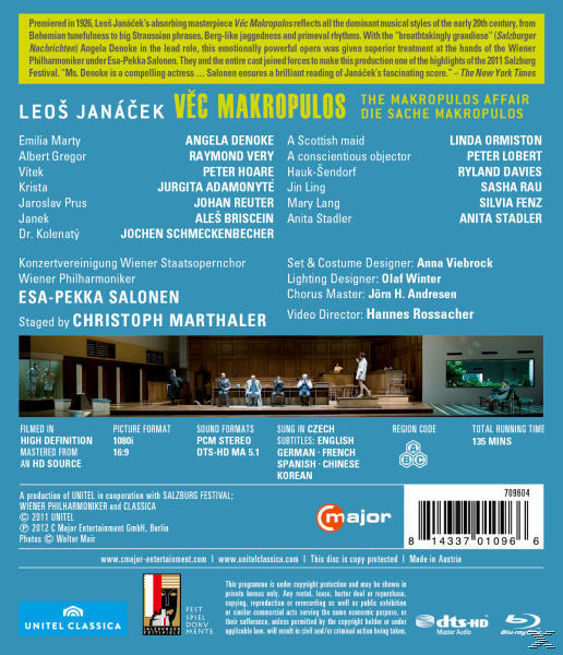 Rückseite einer DVD-Hülle mit Besetzung und Credits für ein Theaterstück. Blaues und weißes Farbschema.