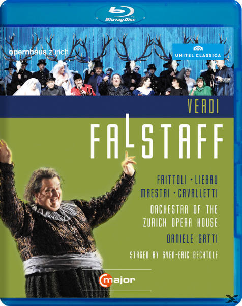 Blu-ray-Disc-Cover: Verdi Falstaff. Ein Mann in Kostüm gestikuliert. Grün-blaues Farbschema.