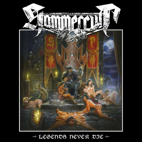 Album borító. Illusztráció alakokkal egy trónteremben. 'Legends Never Die' szöveg alul.