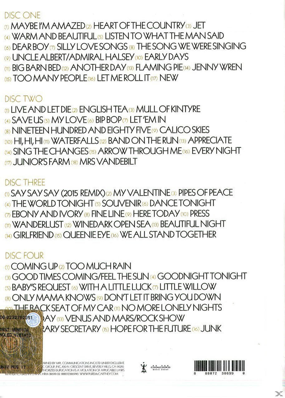 Rückseite eines CD-Cases mit Titellisten für eine Sammlung von Songs von Paul McCartney & Wings auf mehreren Discs.
