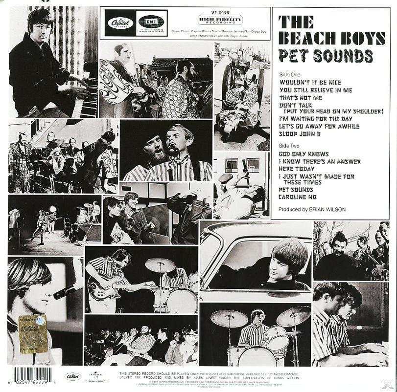 De albumhoes van The Beach Boys Pet Sounds met foto's van bandleden en een tracklist.