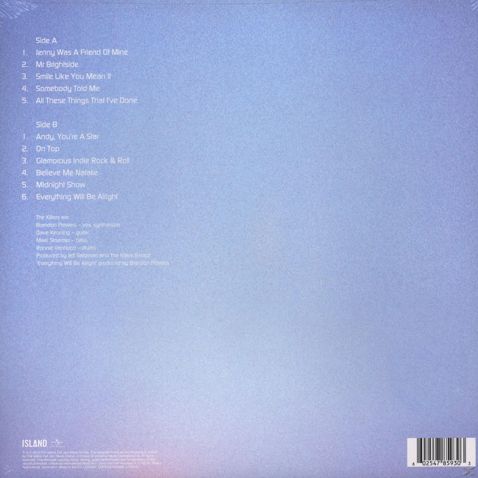 The Killers Vinyl-Schallplatte mit Titelliste und Credits auf blauem Hintergrund.