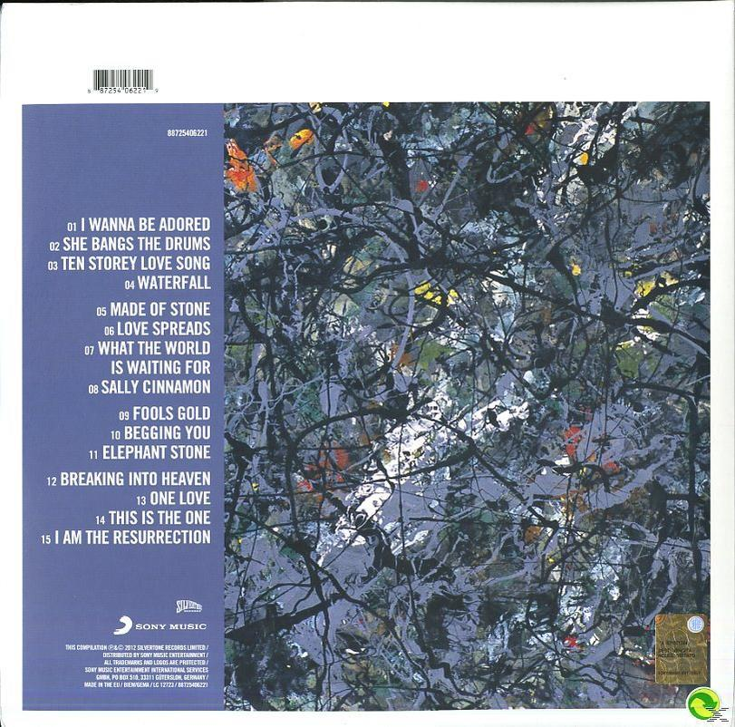 Egy album hátlapja számlistával és színes, absztrakt dizájnnal. The Stone Roses.