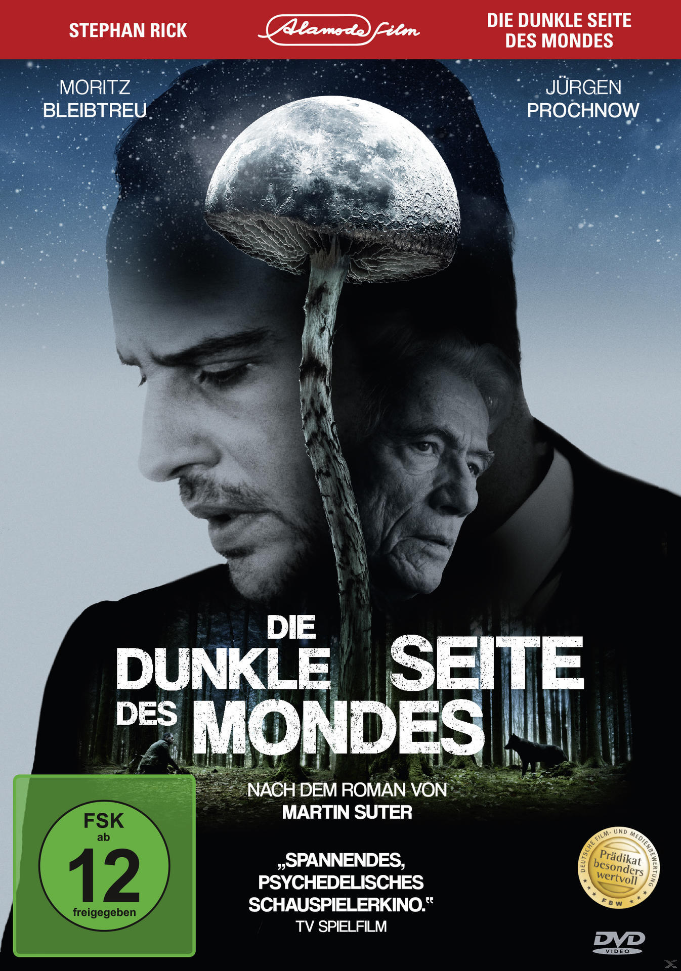 DVD-Cover eines Films. Ein Mann im Vordergrund, mit einem Pilzbild überlagert und einer Stadt im Hintergrund.
