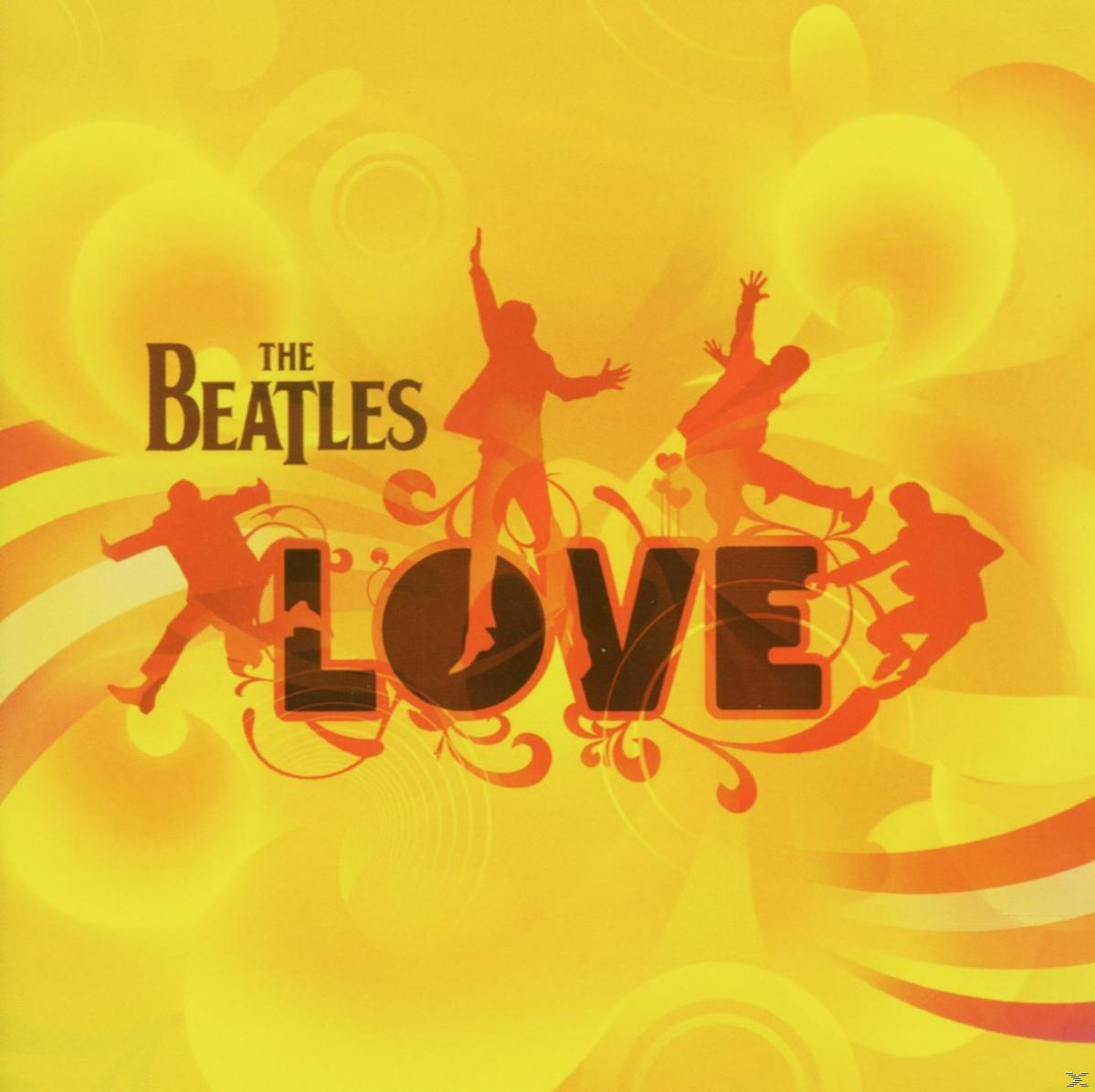 De albumhoes van The Beatles' Love. Oranje silhouetten van de bandleden boven het woord 'LOVE', op een gele achtergrond.