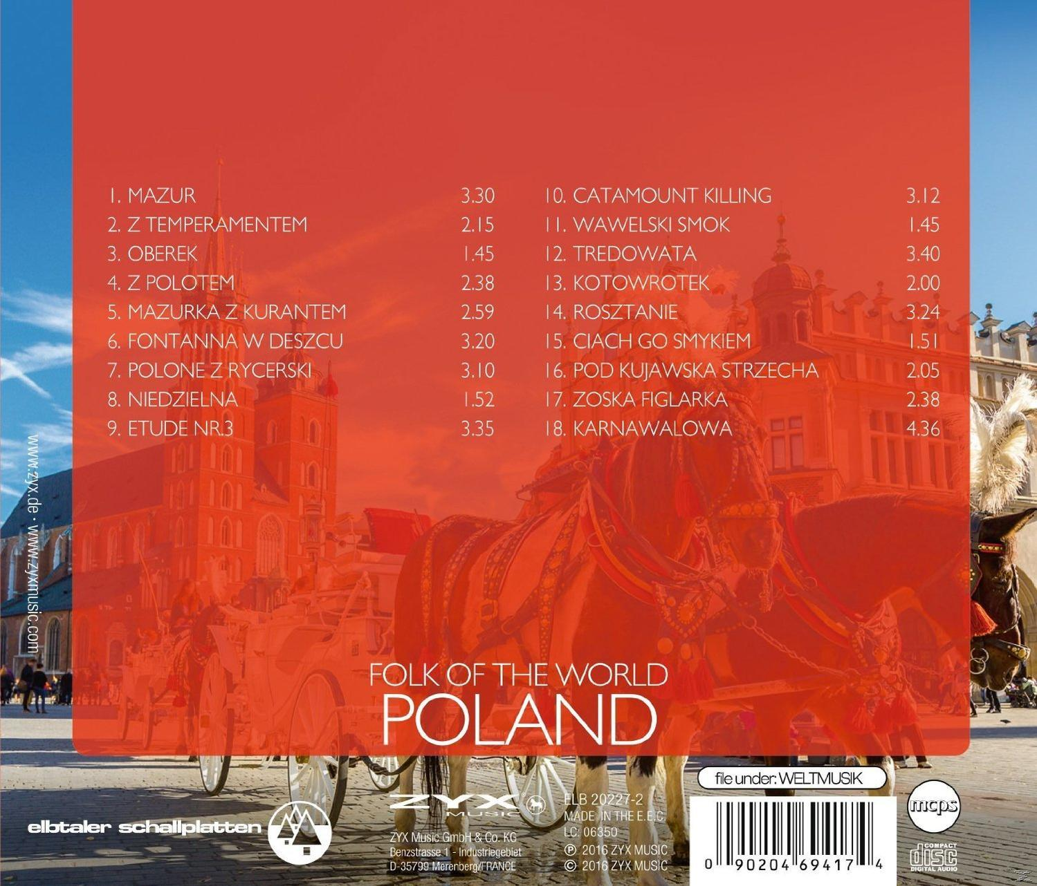 Rückseite einer CD. Buntes Bild einer Pferdekutsche in Polen, mit Trackliste und Label.