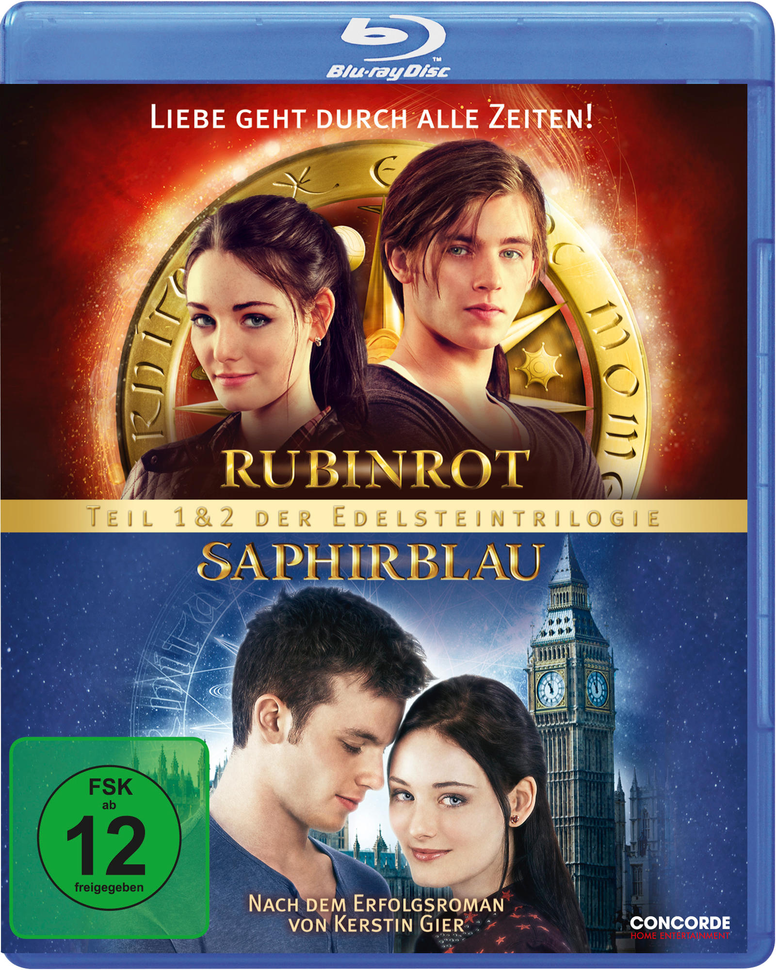 Blu-ray-Disc-Cover des Films Rubinrot und Saphirblau. Es zeigt zwei Paare, einen Uhrturm und einen blauen Hintergrund.