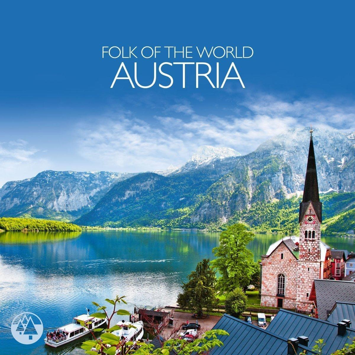 Szenische Ansicht von Österreich: See, Berge, Kirche und Boote, mit dem Text 'FOLK OF THE WORLD AUSTRIA'.