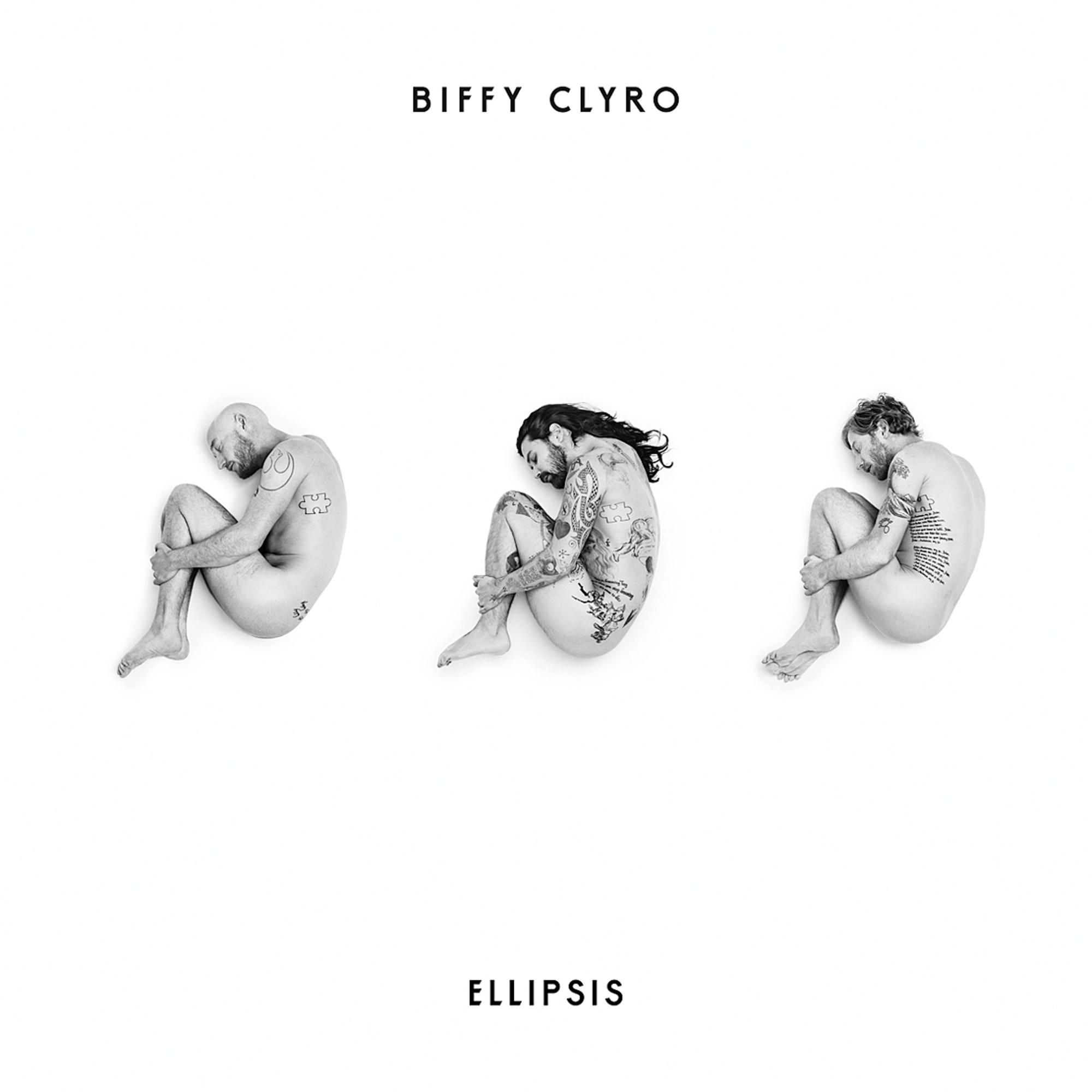 Albumhoes: Drie naakte mannen in foetushouding op een witte achtergrond. Titel: Ellipsis.