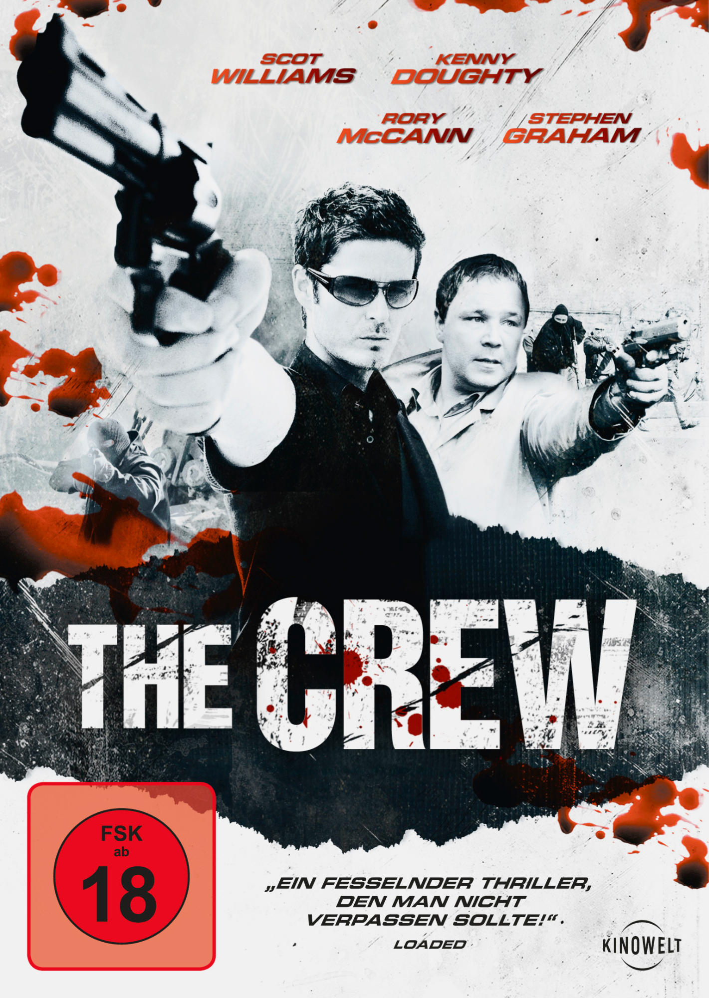 Filmposter für 'The Crew' mit Schauspielern, die Waffen halten, einem roten Bewertungssymbol und Filmtitel.