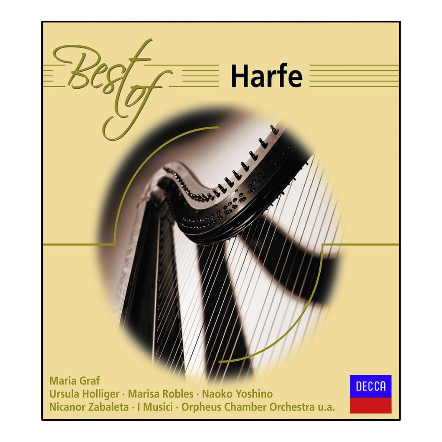 Harfe Nahaufnahme auf Albumcover. Text lautet "Best of Harfe" und Künstlernamen.