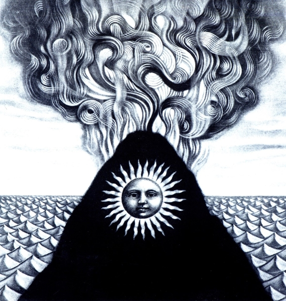 Illustration eines Vulkans mit Sonnen-Gesicht, Rauch und einem Ozean mit vielen Wellen.