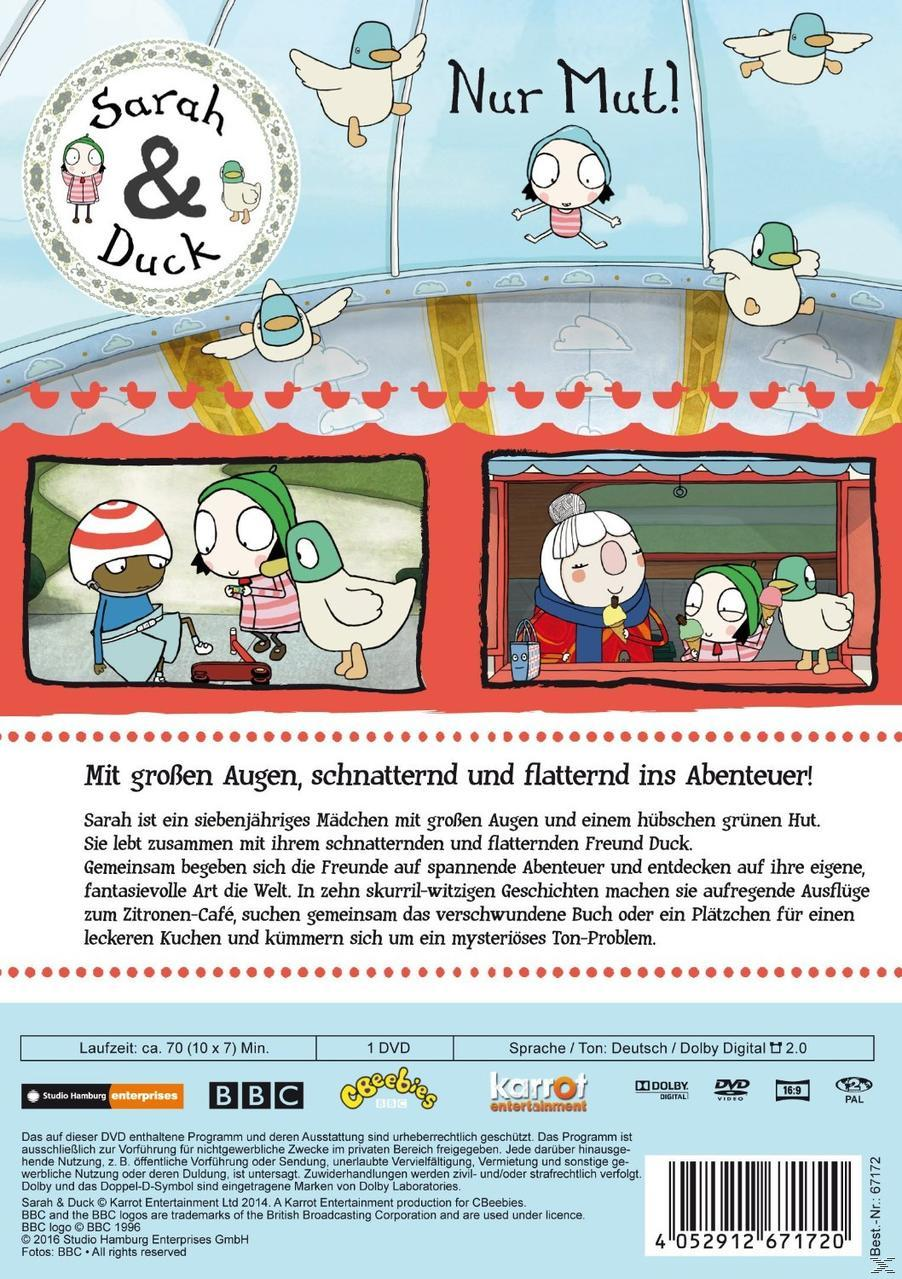 Rückseite der Sarah & Duck DVD. Enten und ein Mädchen in einer Cartoon-Szene.