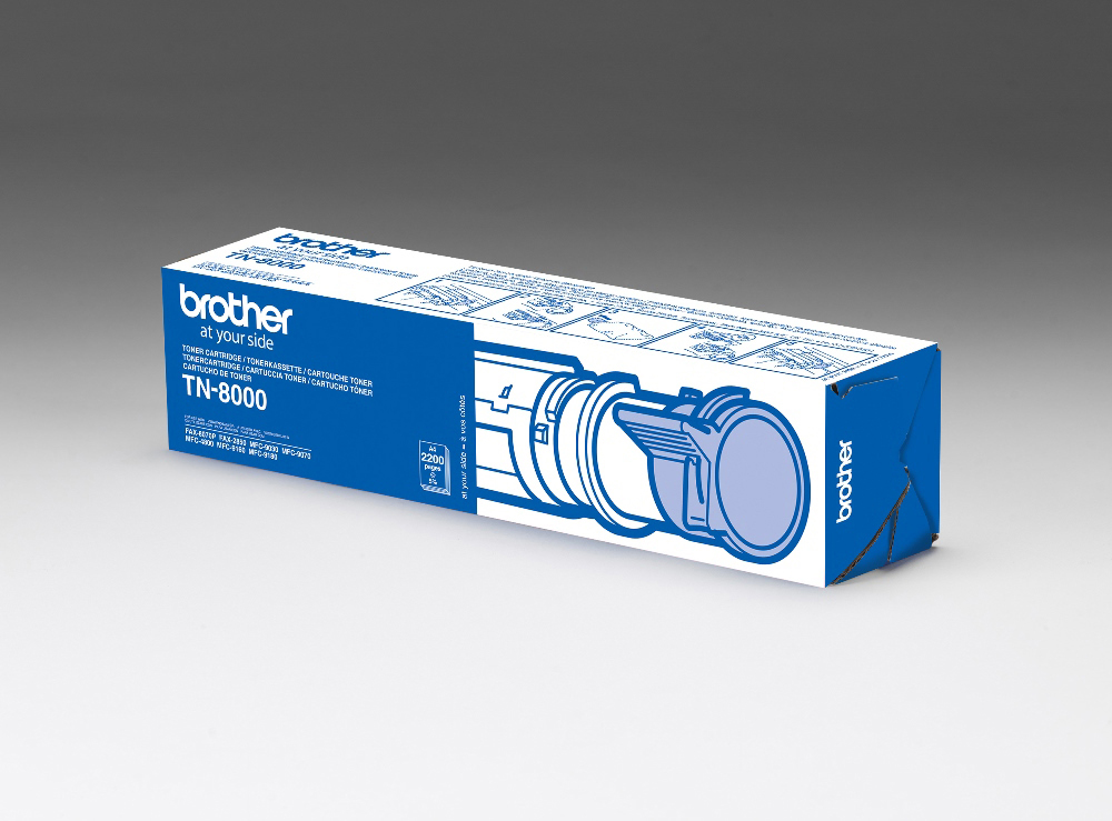 Eine Brother TN-8000 Tonerkartuschenbox, blau und weiß, mit Diagramm.
