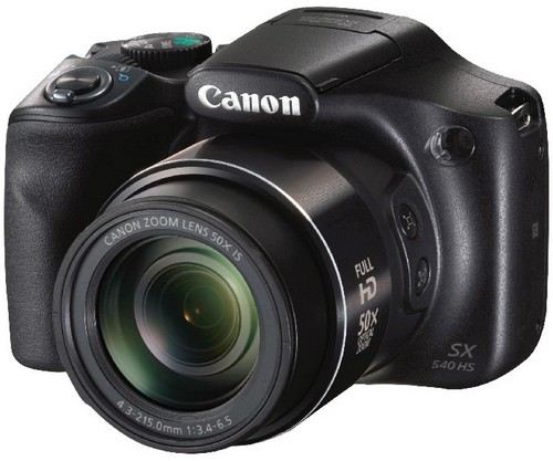 Eine schwarze Canon-Kamera mit Zoomobjektiv und dem Wort Canon oben.