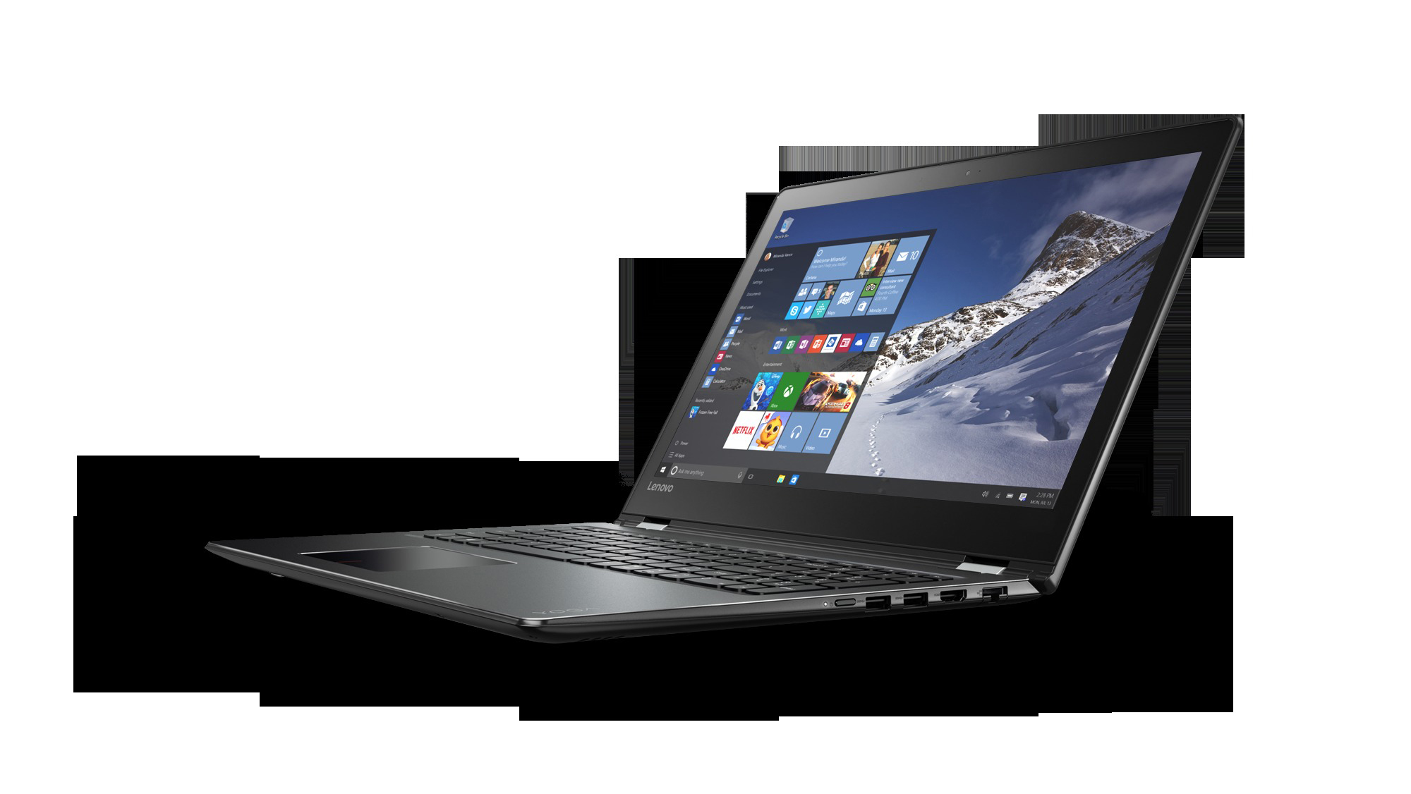 Schwarzer Lenovo Laptop, geöffnet auf schwarzer Oberfläche, zeigt einen Bildschirm mit Berglandschaft.