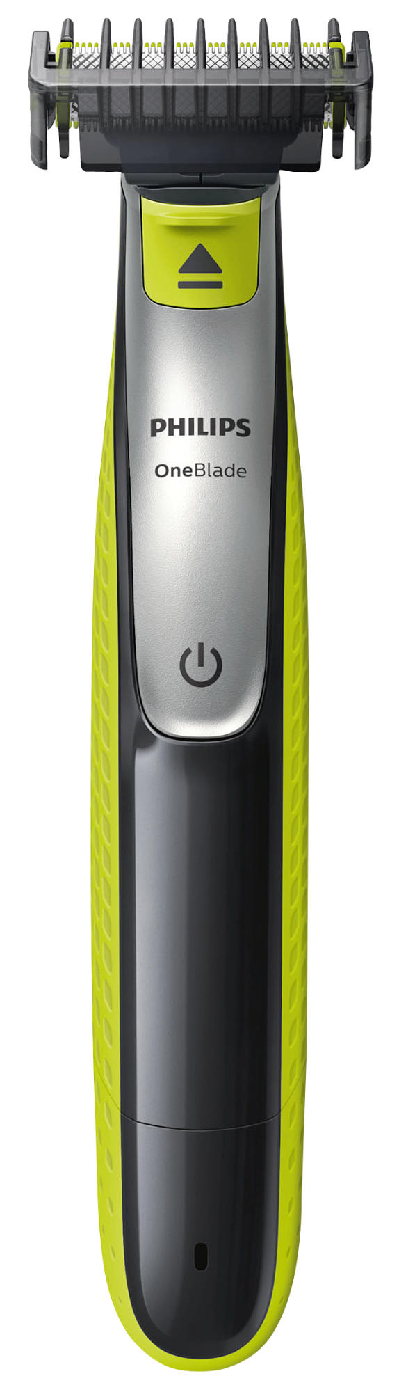 Philips OneBlade Elektrorasierer. Grün-schwarzes Gehäuse. Silberner Knopf. Schwarzer Klingenschutz.