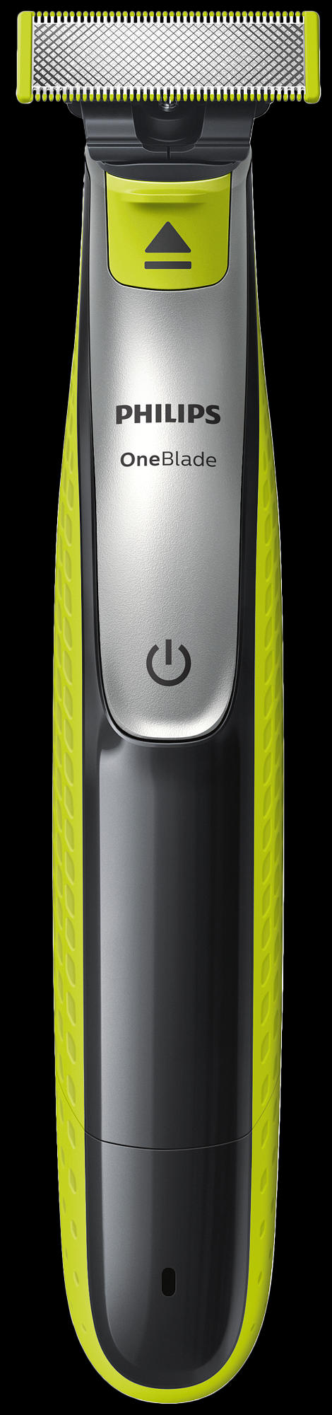 Philips OneBlade Rasierer. Grün und grau, mit schwarzem Griff und silberner Klinge.