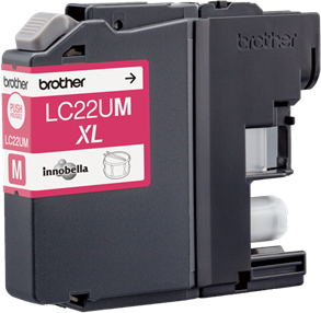 Brother LC22UM XL magenta inktcartridge. Zwarte cartridge met magenta label.