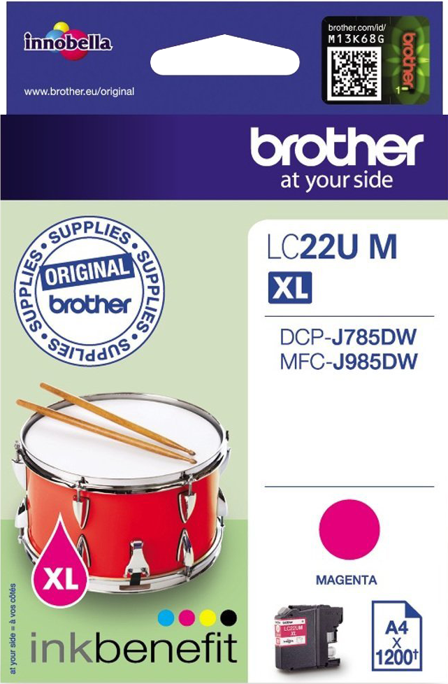 Brother LC22U XL magenta inktcartridge doos, met drumstokken en een drum illustratie.